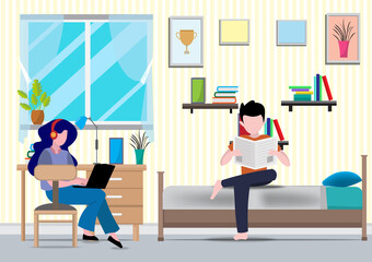 Flat design vector of man read newspaper and woman doing r in home.They are sitting on sofa behind computer with picture.work from home,Freelance,Vector Graphic and workplace concept.