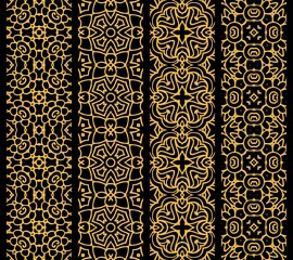 Set of golden ornamental seamless borders on black background.