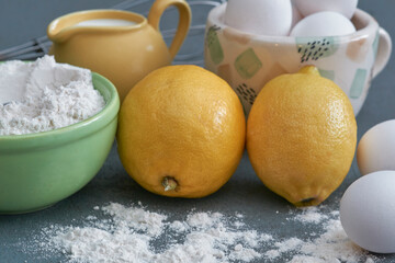 Ingredients for the lemon pie dough on the kitchen table.