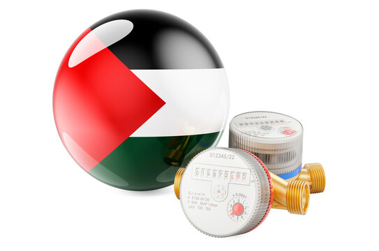 Water Consumption In Palestine. Water Meters With Palestinian Flag. 3D Rendering