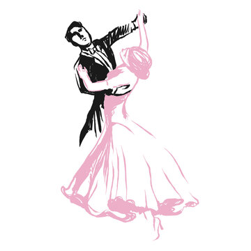 Couple dancing passionate dance. Suitable for waltz and others. Vector illustration, freehand drawing, imitation of a brush