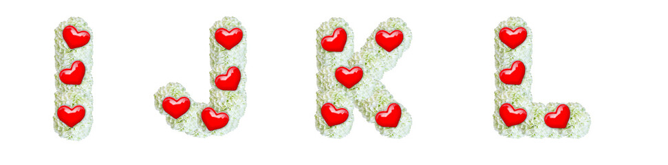 The letters I, J, K, L are made of flowers and love hearts