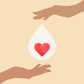 World blood donor day vector illustration. The red heart between her hands. Illustration of donate blood concept - save a life give blood. World Hemophilia Day, Poster Or Banner Background.