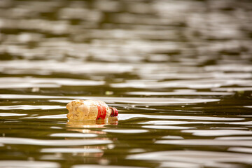 A soda bottle floats on the water as plastic pollution