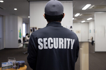 Rear view of a security guard in uniform patrolling in a commercial building