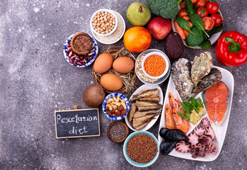 Pescetarian diet with seafood, fruit and vegetables