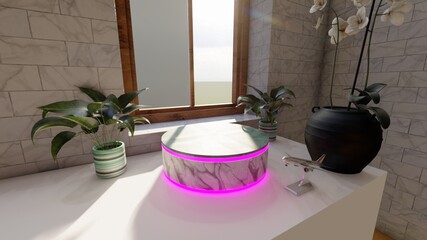 dark grey marble product display in window room