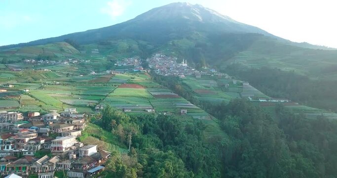 Aerial footage of Dusun Butuh Nepal Van Java vegetable plantation on slope of the Mount Sumbing. Perfect for cinematic, travel, promotion and documentaries video