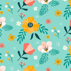 Seamless pattern with flowers. Yellow, pink and green floral design. Great for fabric and textile.