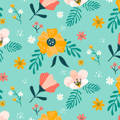 Naklejka premium Seamless pattern with flowers. Yellow, pink and green floral design. Great for fabric and textile.
