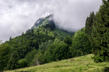 Mountain covered in clouds with meadow in foreground in Alps, France