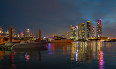 City of Miami Florida, sunset panorama with business and residential buildings and bridge on Biscayne Bay. Skyline night view.