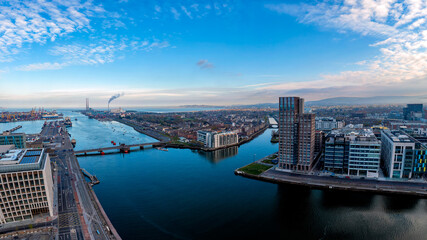 Dublin  Ireland - Aerial view of Dublin dockland district with the Capital Dock apartment block in the centre