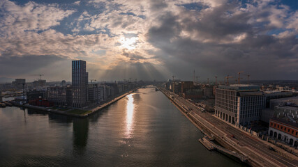 Fototapeta premium Dublin Ireland - Aerial view of Dublin dockland district with the Capital Dock apartment block in the centre
