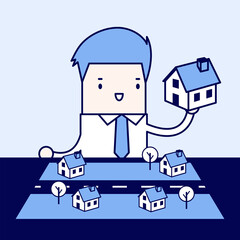 Businessman plan to put his home in empty space. Cartoon character thin line style vector.