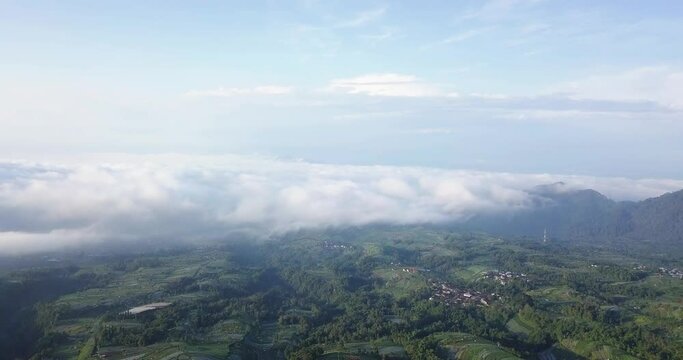 Aerial footage of Dusun Butuh Nepal Van Java vegetable plantation on slope of the Mount Sumbing. Perfect for cinematic, travel, promotion and documentaries video