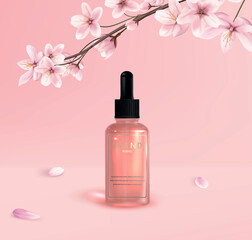 Realistic ad poster in pastel pink with essence glass bottle. Display of facial cosmetic product with cherry flowers on background.