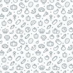 Vector vegetable seamless pattern with thin line icons. Simple texture background with silhouette signs