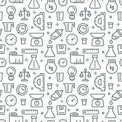 Vector Measuring Seamless Pattern Design with flat icons of scales, ruler, watch