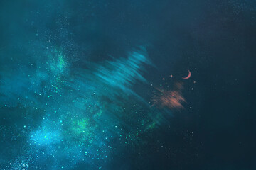 Obraz premium ターコイズブルーの水面に映る月と星の風景イラスト