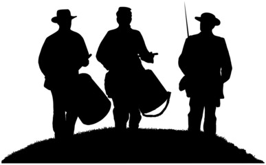 American Civil War drummer boys and soldier in black silhouette on white background  - obrazy, fototapety, plakaty
