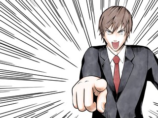 漫画風カラー_指差して決定するサラリーマン_集中線あり