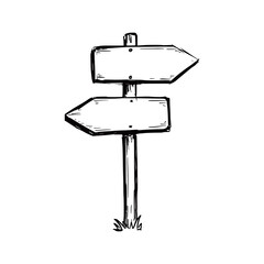 Sketch direction sign. Hand drawn doodle style. Wooden signpost. Vector illustration.