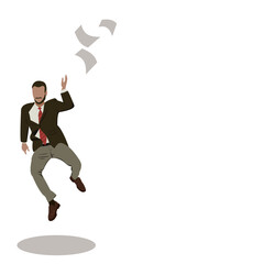 Business man wearing suits ,scattering paper documents jumping on white background.Young Smart worker with bread jumping to show his success. Vector isolate flat design concept of Challenge or success
