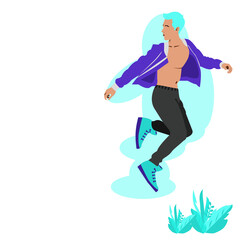 Rapper guy is dancing by jump. Cartoon young man has light blue hair, wearing colorful dress and sneakers is jumping upper leaves on white background Vector isolate flat design concept for freedom