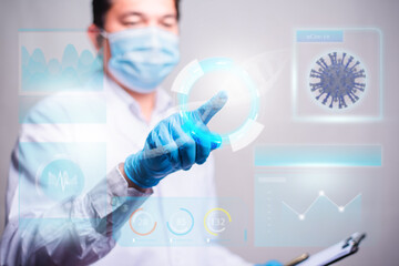 Doctor holding a documet and touch on technological digital futuristic HUD interface with corona virus graphic. Innovative in science and medicine concept.