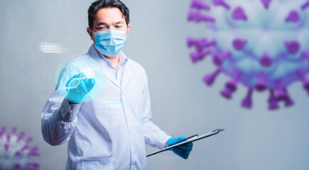 Doctor touch on technological digital futuristic HUD interface with corona virus(covid-19). Innovative in science and medicine concept.