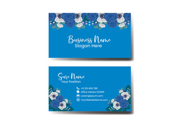 Business Card Template Blue Rose and Peony Flower .Double-sided Blue Colors. Flat Design Vector Illustration. Stationery Design