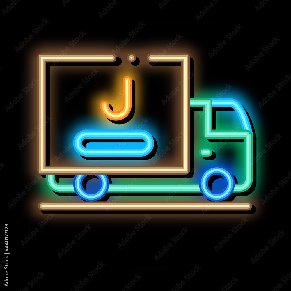 Sticker juice delivering truck neon light sign vector. glowing bright icon juice delivering truck sign. tran