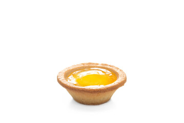 Closeup photo of lemon baked cheese tart isolated on white background that will make you hungry.  Delicious lemon cream look clear and glossy by backlit lighting techniques in studio.