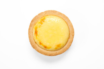 Top view closeup photo of baked cheese tart with little burning mark isolated on white background that will make you hungry. Cheese that looks glossy and delicious from studio flash light.
