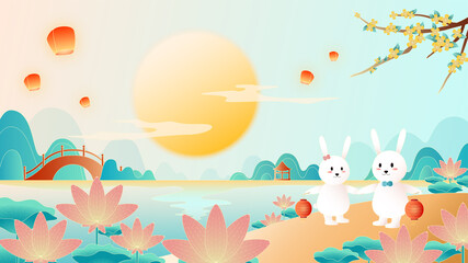 Fototapeta na wymiar China chic illustration of Mid-Autumn Festival or Qixi Festival. Two bunnies admire the moon by the lotus pond.
