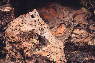 Close up detail of volcanic lava rock basalt found in the desert