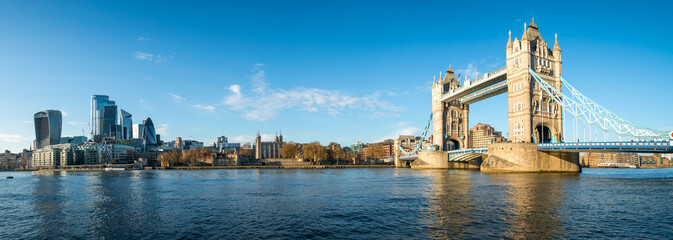Tower Bridge panorama seen from south Bank of river Thames in LondonTower Bridge panorama seen from south Bank of river Thames in London