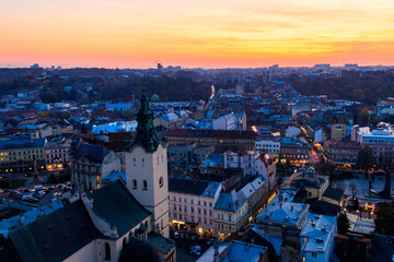 Aerial view of Latin cathedral and Rynok square in Lviv, Ukraine at sunset. View from Lviv town hall