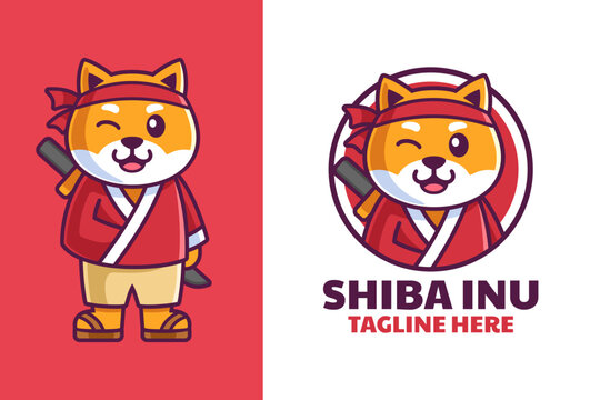 Shiba Inu in Samurai Clothes Cartoon Logo Design