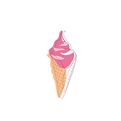 Waffle cone with strawberry ice cream in the contour style, isolated on a white background. Summer sweets