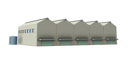 三角屋根の工場の外観。3Dレンダリング。白バック。