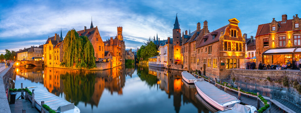 Classic view of the historic city center of Bruges (Brugge) with Belfry bell tower in the background