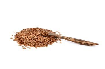 Flax seeds in a wooden spoon isolated on white background.
