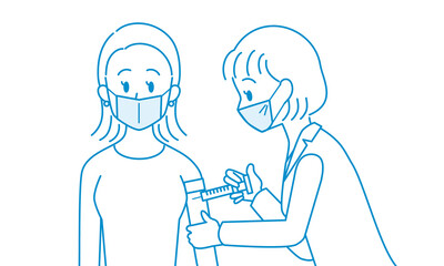 注射を打ってもらうマスクをつけた女性のイラスト（ワクチン接種、予防注射 、医療）