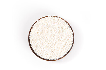 Raw organic white rice on white background, glutinous rice or sticky rice close up
