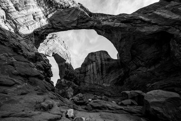 Black and White view of Double Arch in Arches National Park