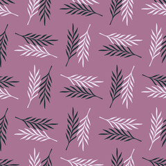 Ornamental leaf twigs seamless doodle pattern in botanic style. Purple-lilac background. Organic artwork.