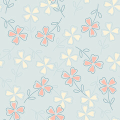White and pink random clover leaves silhouettes seamless pattern. Blue background. Simple style.