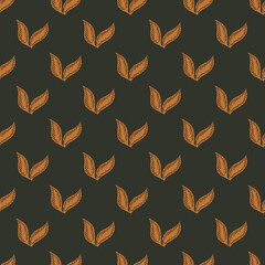 Decorative autumn seamless pattern with doodle falling leaves shapes. Dark brown background.